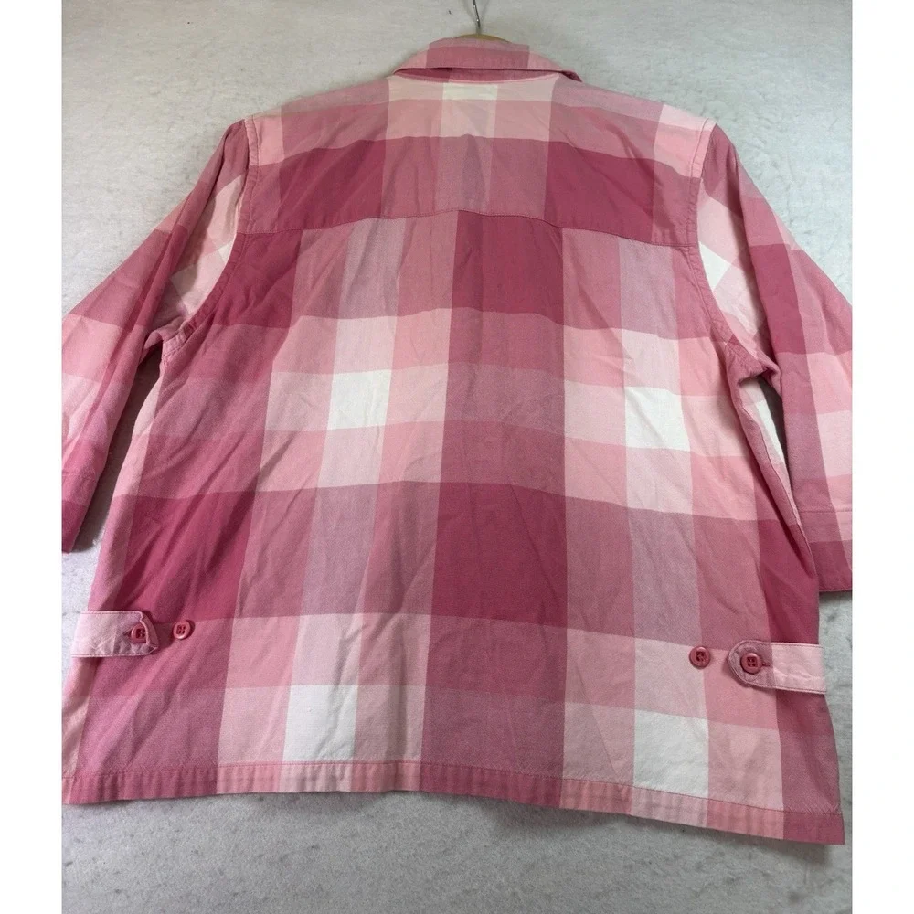 Christopher & Banks Large Pink Plaid Button Front Shirt Sz L 3/4 Sleeve Layer